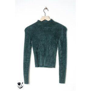 Babaton Green Fuzzy Mock Neck Sweater 2XS Soft Long Sleeve Warm Cozy Fall Winter